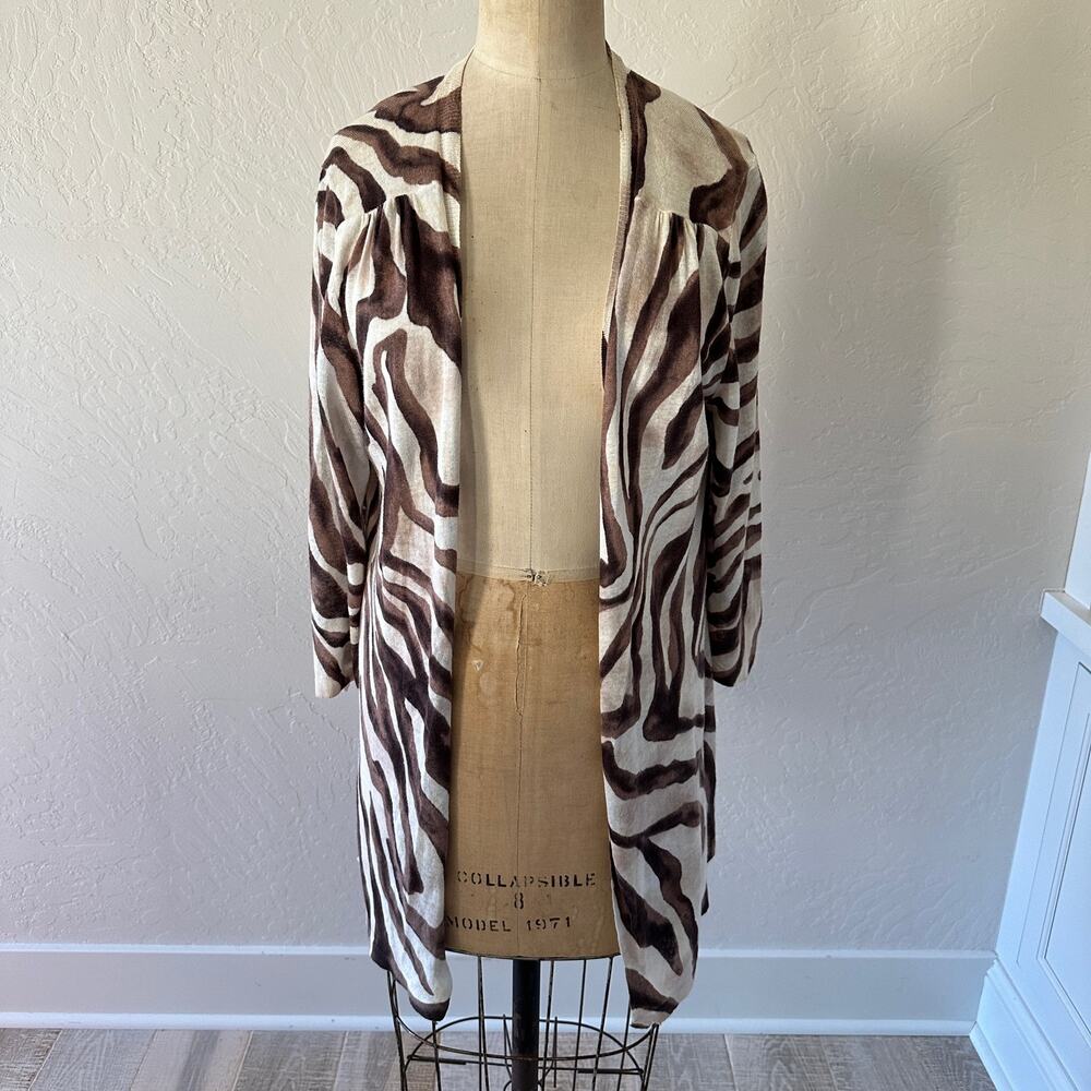 CHICOS Travelers | Womens Zebra Print Linen Blend Open Front Cardigan Size Large